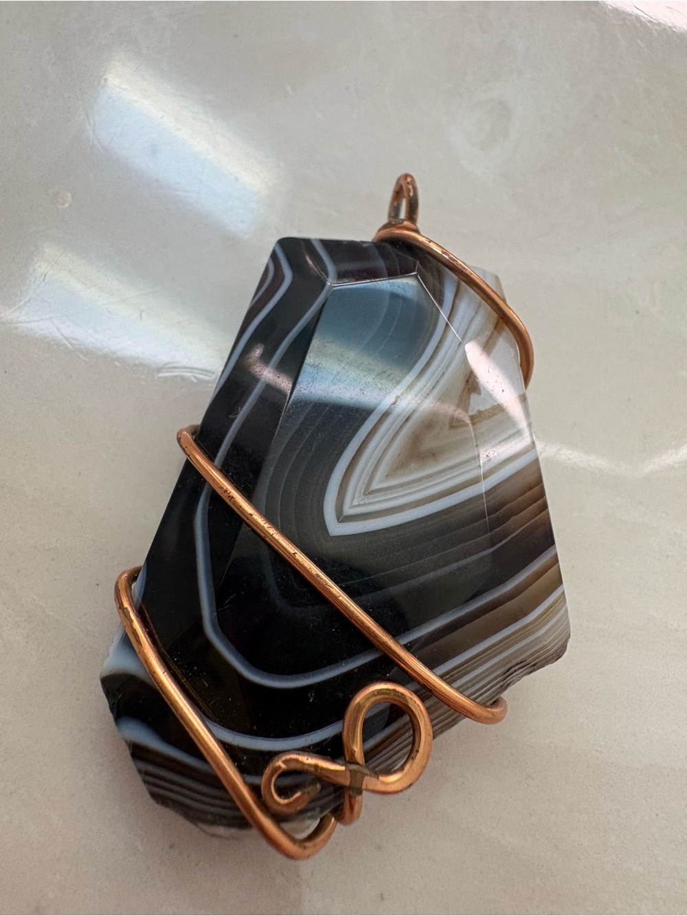 Black and White Banded Agate Pendant with Copper Wire Wrap